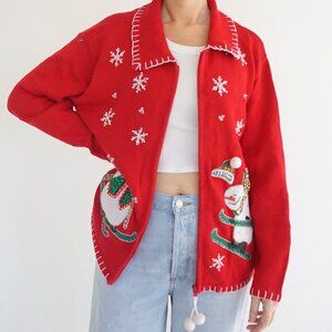Vintage Heirloom Red Cotton Knit Snowman Snowflake Embroidered Cardigan L